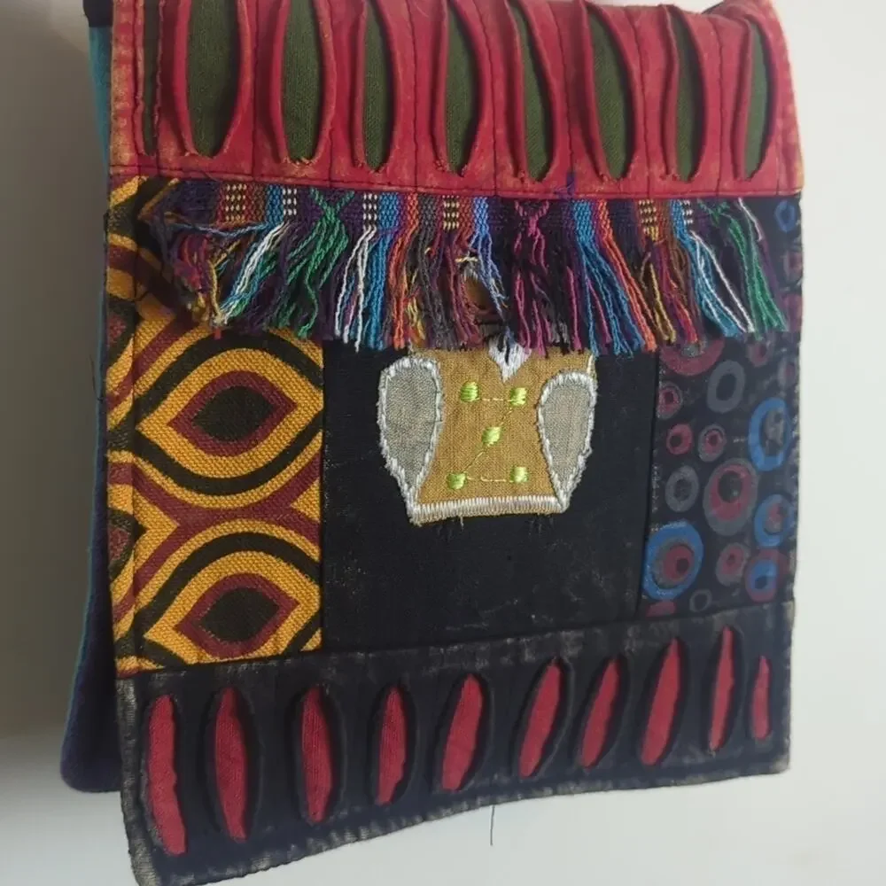 Boho Patchwork Owl Mixed Media Crossbody Bag Multicolored Made in Nepal